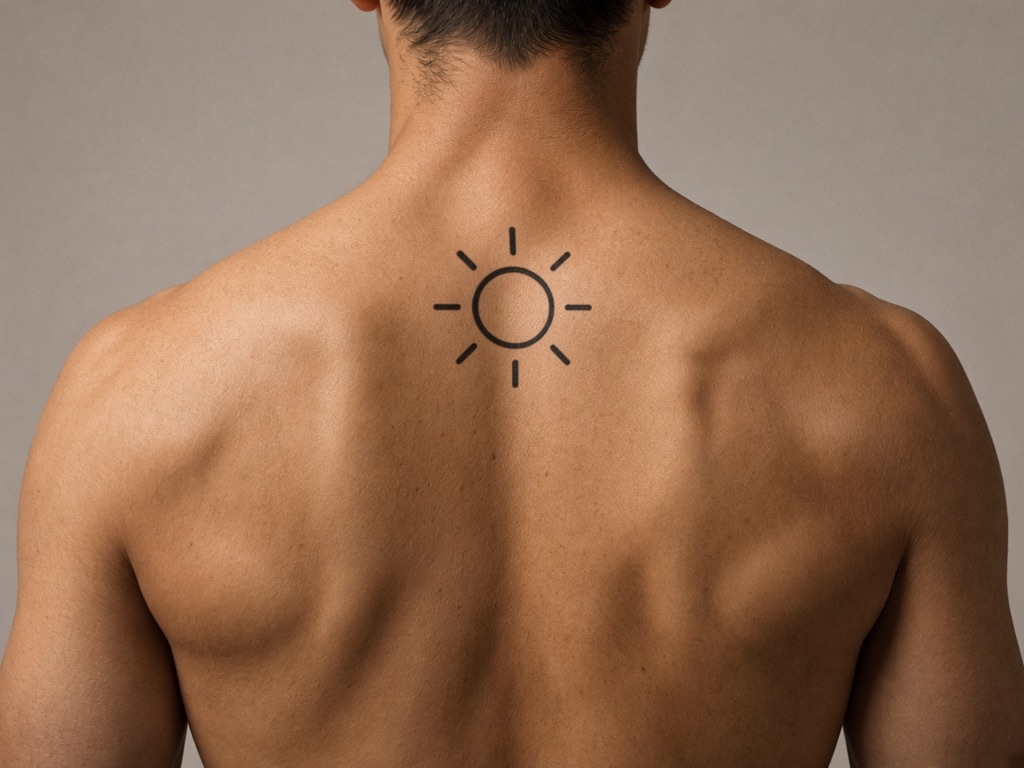 Shoulder & upper back · Fine-line sun – With tattoo